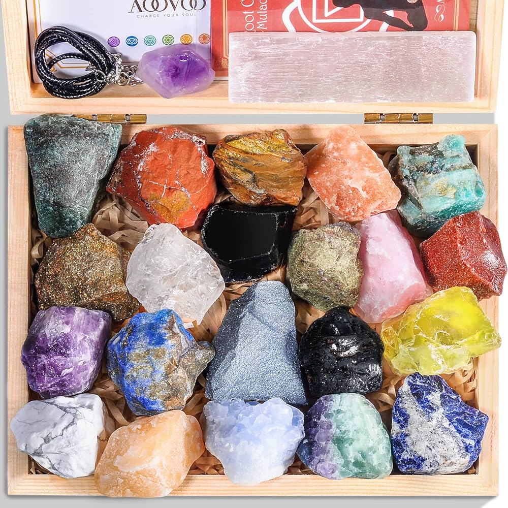 AOOVOO 31Pcs Real Crystals and Healing Stones Set with Necklace